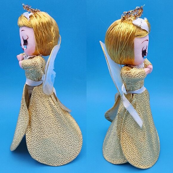 1960s Gold Stockinette Angel Tree Toppers Pair Rhinestone Tears Tulle Wings Gold - Picture 6 of 10